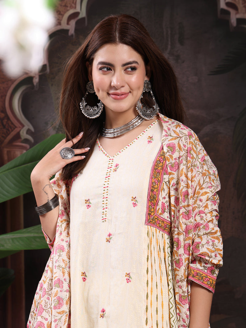 Women Cream Color Printed Embroidery Anarkali Kurta With Trouser & Dupatta Set