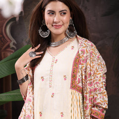 Women Cream Color Printed Embroidery Anarkali Kurta With Trouser & Dupatta Set