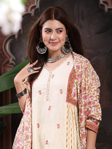 Women Cream Color Printed Embroidery Anarkali Kurta With Trouser & Dupatta Set