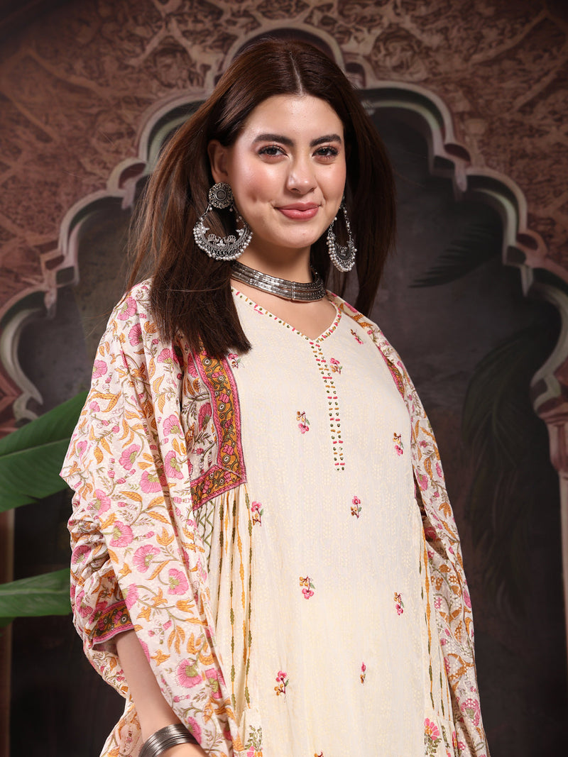 Women Cream Color Printed Embroidery Anarkali Kurta With Trouser & Dupatta Set