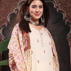 Women Cream Color Printed Embroidery Anarkali Kurta With Trouser & Dupatta Set