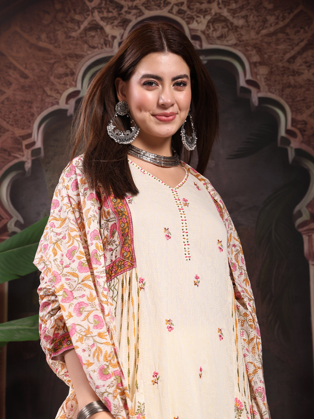 Women Cream Color Printed Embroidery Anarkali Kurta With Trouser & Dupatta Set