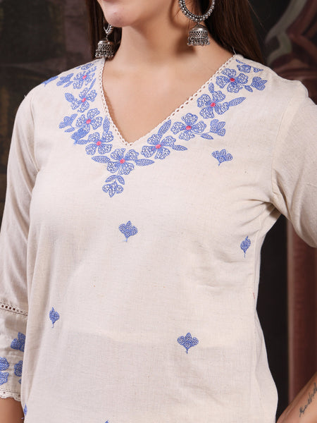 Women Off White Embroidery Kurta With Palazzo & Dupatta Set