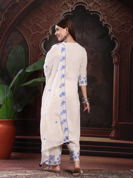 Women Off White Embroidery Kurta With Palazzo & Dupatta Set