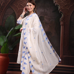 Women Off White Embroidery Kurta With Palazzo & Dupatta Set