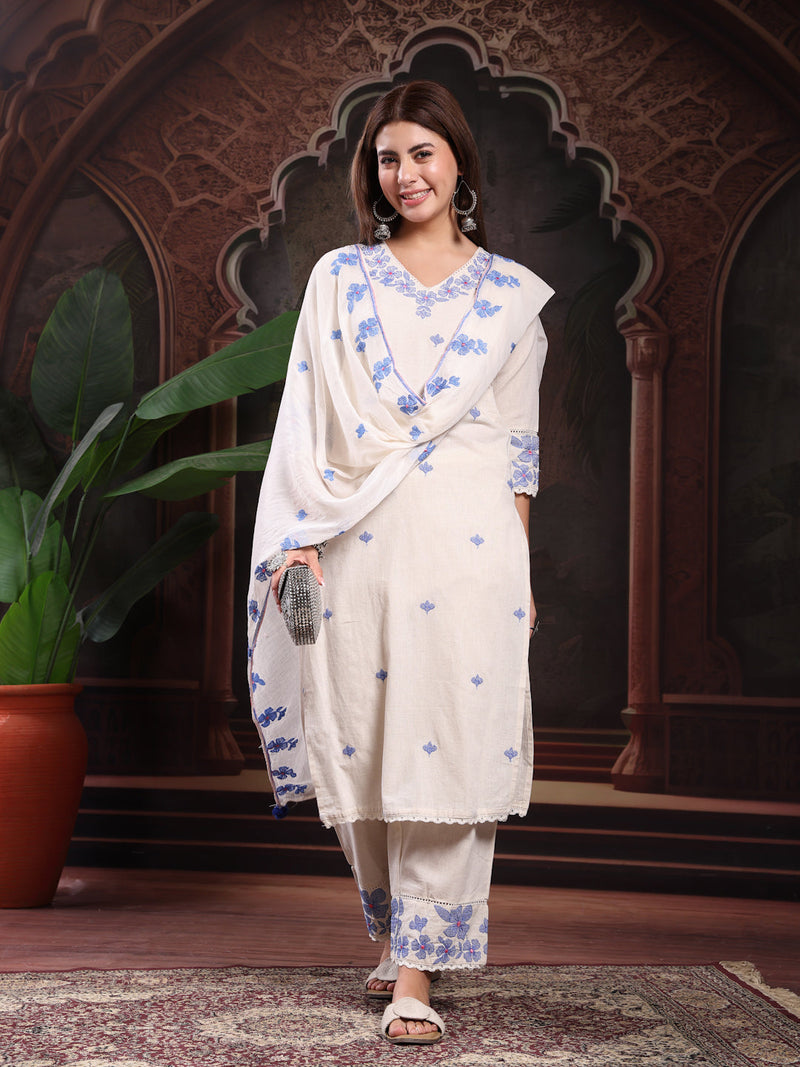 Women Off White Embroidery Kurta With Palazzo & Dupatta Set