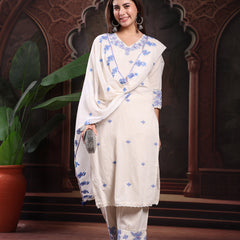 Women Off White Embroidery Kurta With Palazzo & Dupatta Set