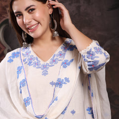 Women Off White Embroidery Kurta With Palazzo & Dupatta Set