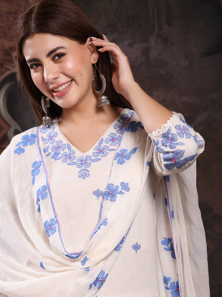 Women Off White Embroidery Kurta With Palazzo & Dupatta Set