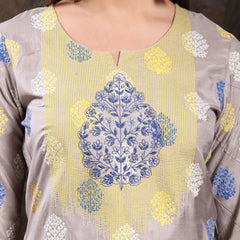 Women Grey Color Embroidery Kurta With Palazzo & Dupatta Set