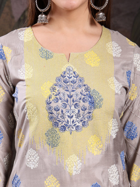 Women Grey Color Embroidery Kurta With Palazzo & Dupatta Set