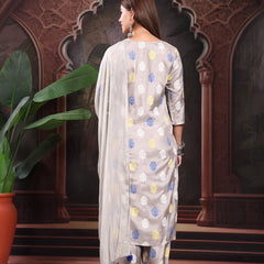 Women Grey Color Embroidery Kurta With Palazzo & Dupatta Set