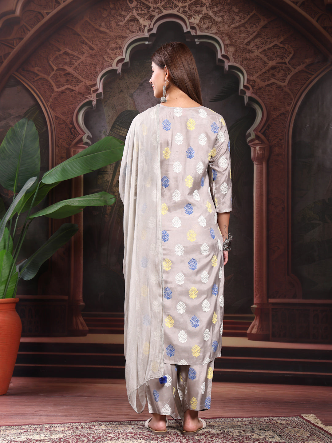 Women Grey Color Embroidery Kurta With Palazzo & Dupatta Set