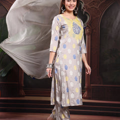 Women Grey Color Embroidery Kurta With Palazzo & Dupatta Set