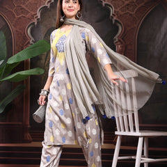Women Grey Color Embroidery Kurta With Palazzo & Dupatta Set