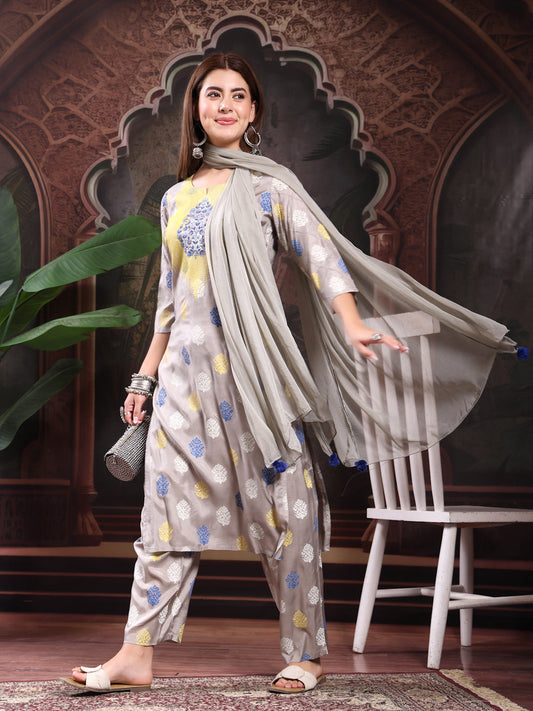 Women Grey Color Embroidery Kurta With Palazzo & Dupatta Set