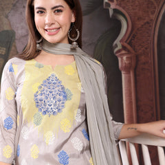 Women Grey Color Embroidery Kurta With Palazzo & Dupatta Set