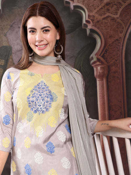 Women Grey Color Embroidery Kurta With Palazzo & Dupatta Set