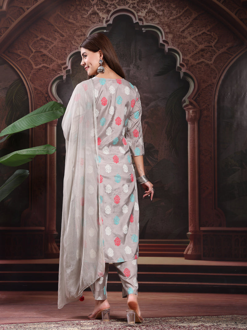 Women Embroidery Kurta With Palazzo & Dupatta Set