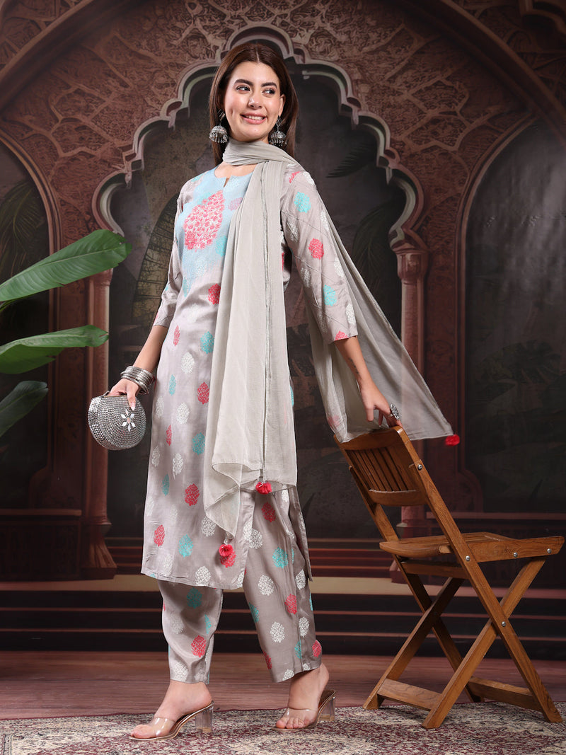 Women Embroidery Kurta With Palazzo & Dupatta Set