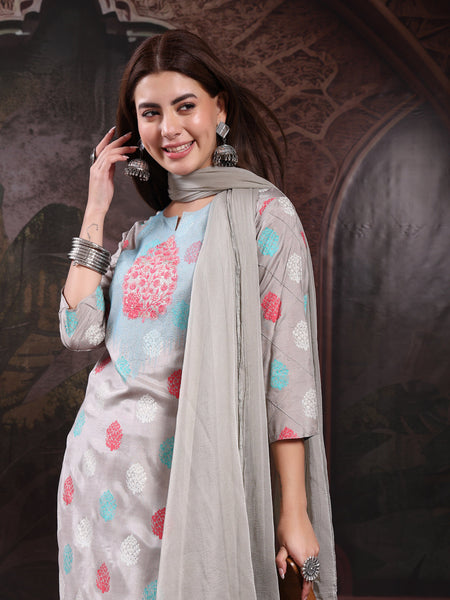 Women Embroidery Kurta With Palazzo & Dupatta Set