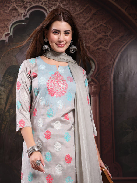 Women Embroidery Kurta With Palazzo & Dupatta Set