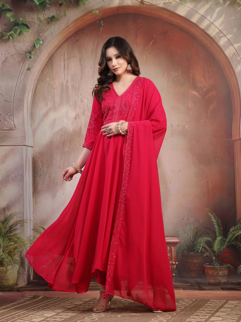 Women Pink Embroidered Anarkali Set with Dupatta