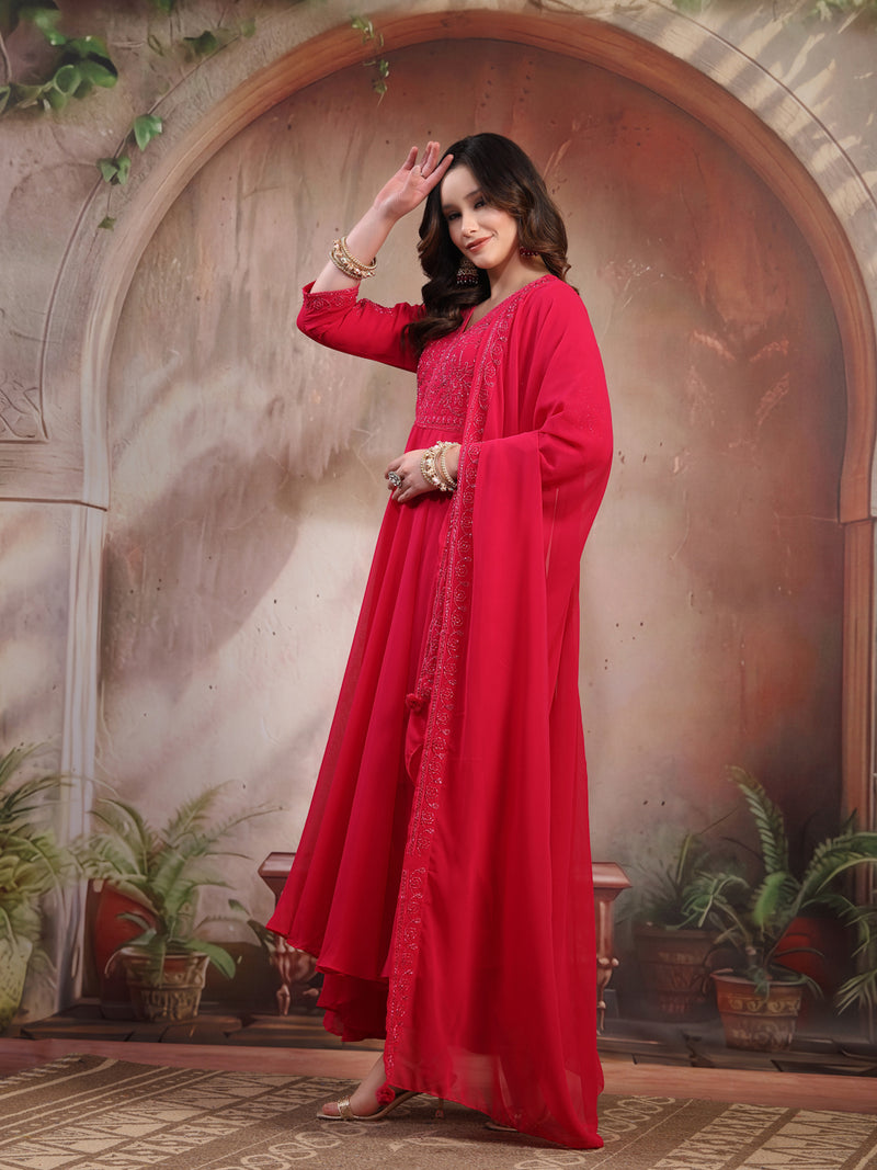 Women Pink Embroidered Anarkali Set with Dupatta