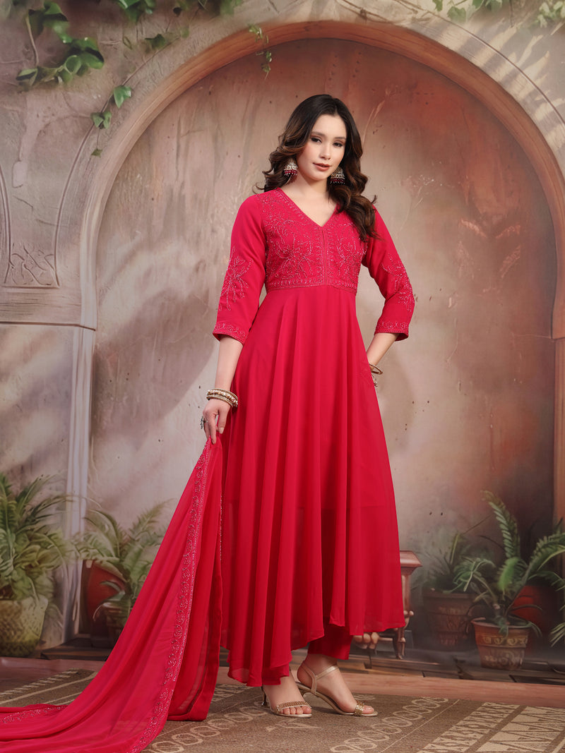 Women Pink Embroidered Anarkali Set with Dupatta