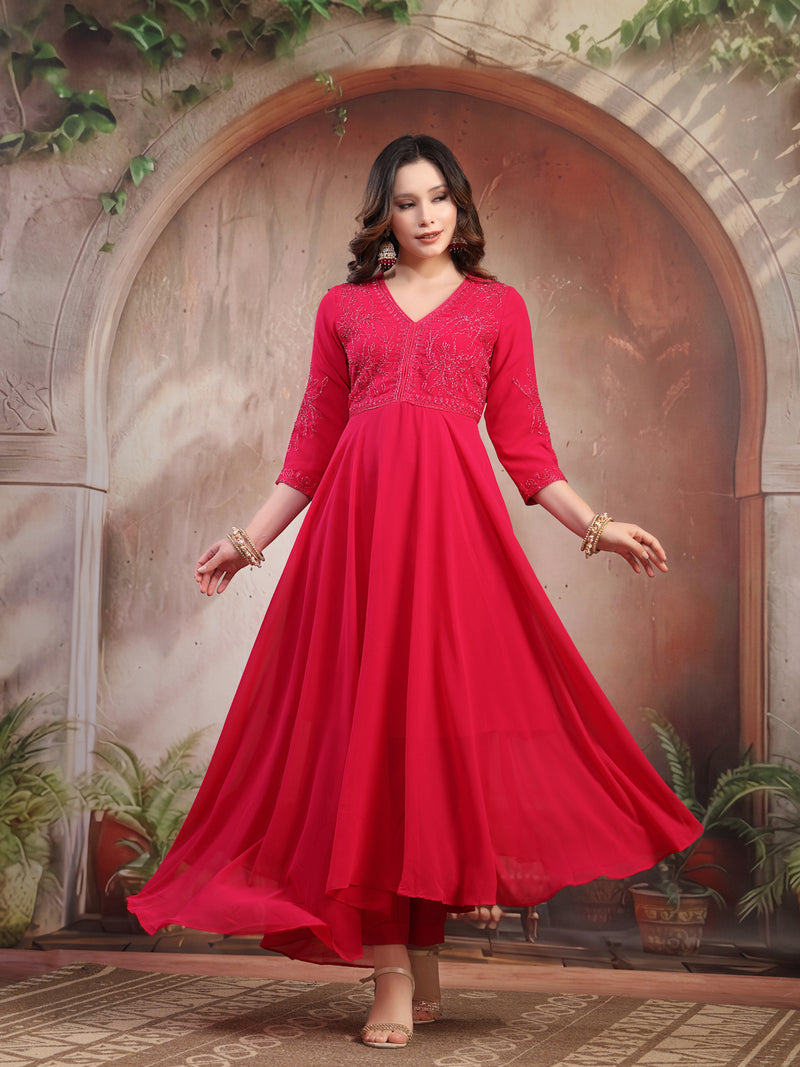 Women Pink Embroidered Anarkali Set with Dupatta