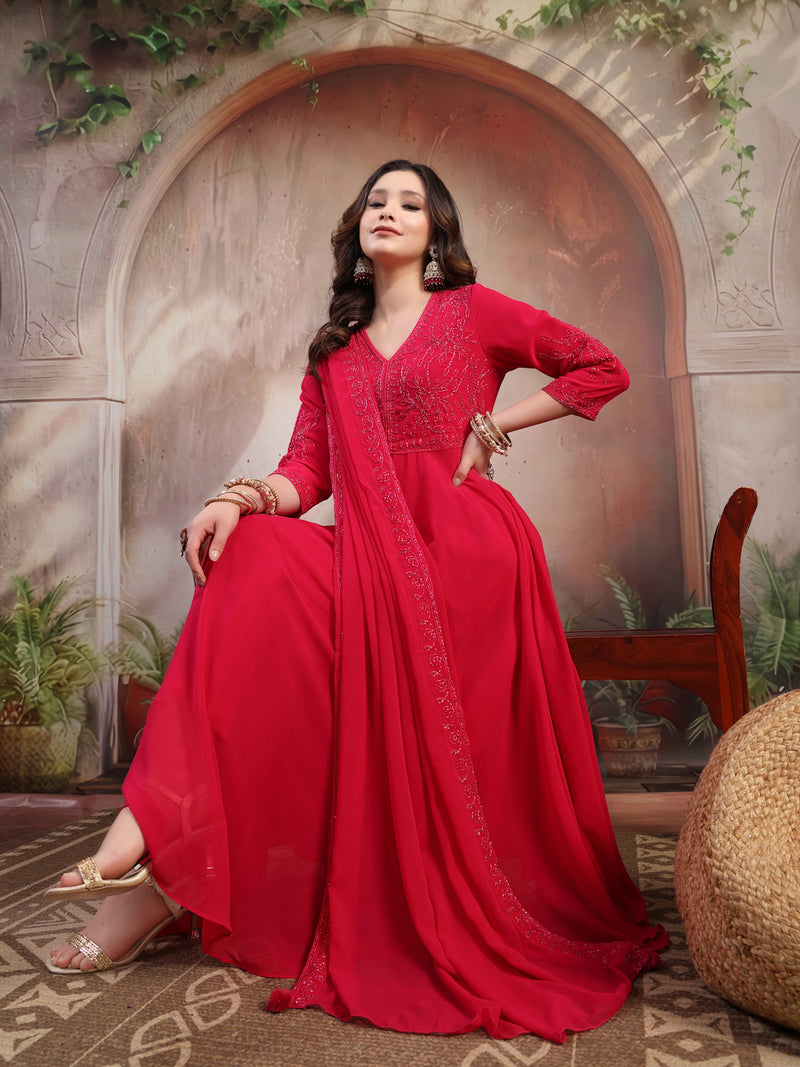 Women Pink Embroidered Anarkali Set with Dupatta