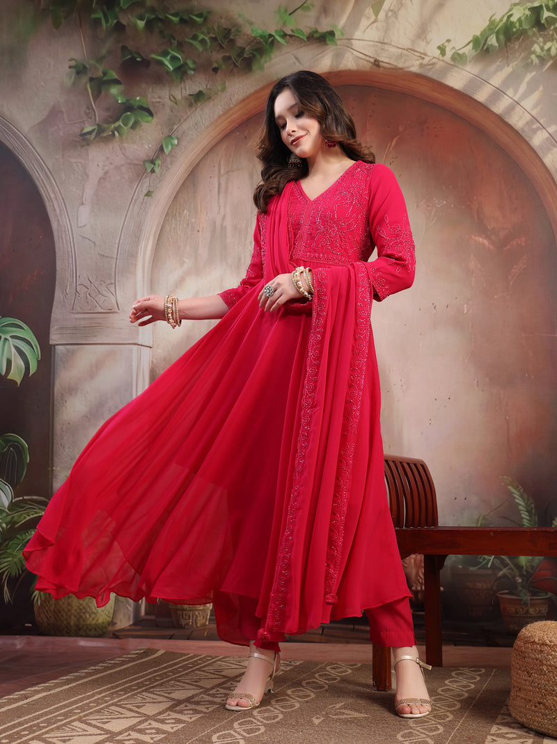 Women Pink Embroidered Anarkali Set with Dupatta