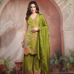 Women green embroidered kurta sharara set front view