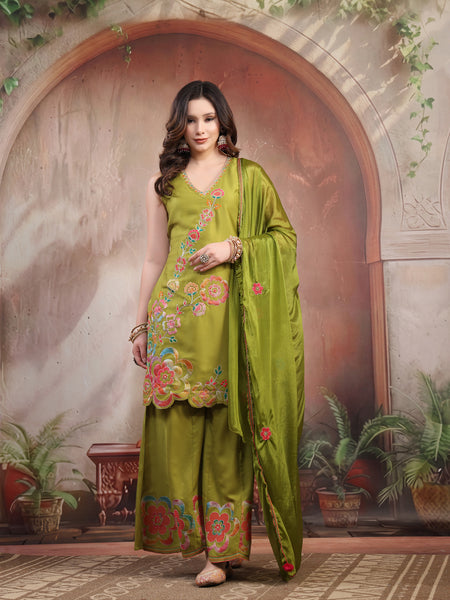 Women green embroidered kurta sharara set front view