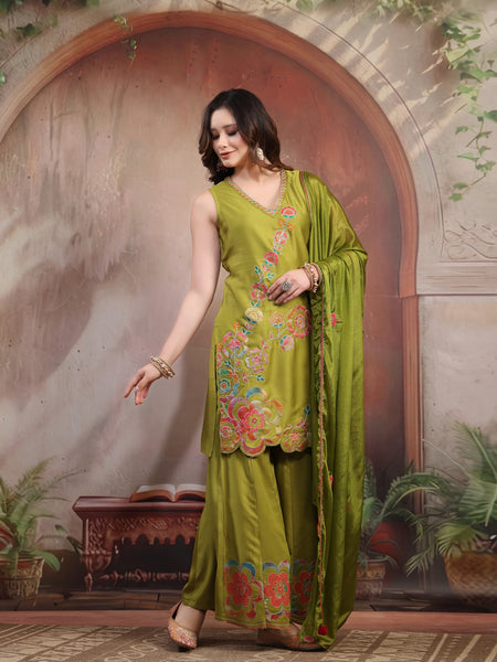 Ethnic green sharara set with dupatta full look