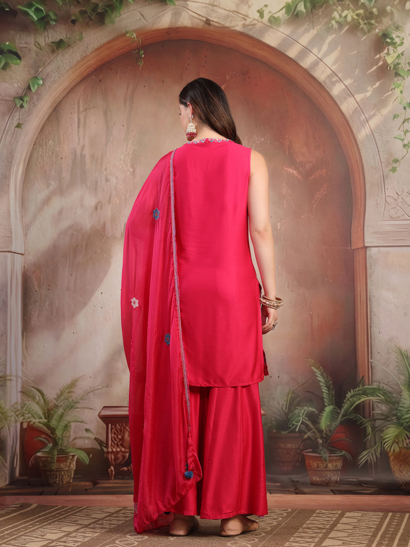 Women Pink Embroidered Kurta Sharara Set with Dupatta