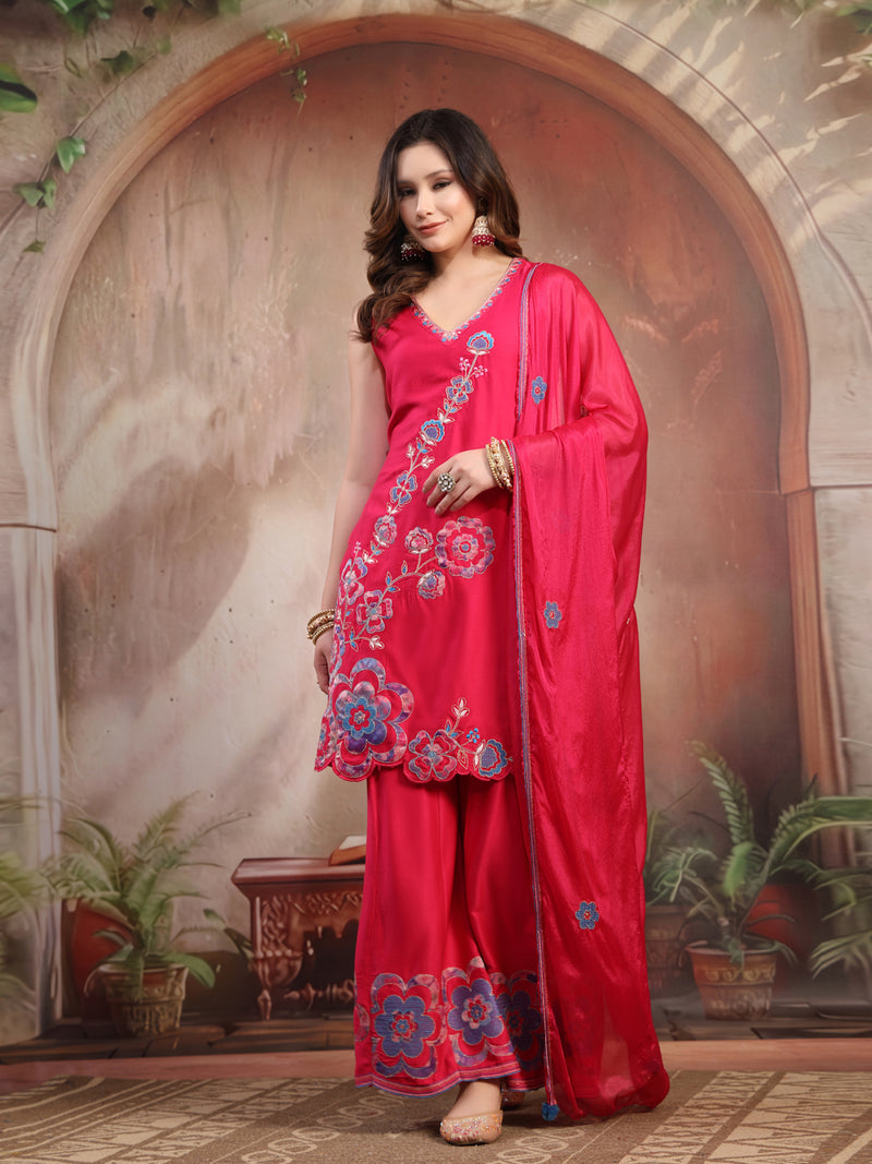 Women Pink Embroidered Kurta Sharara Set with Dupatta