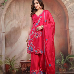 Women Pink Embroidered Kurta Sharara Set with Dupatta