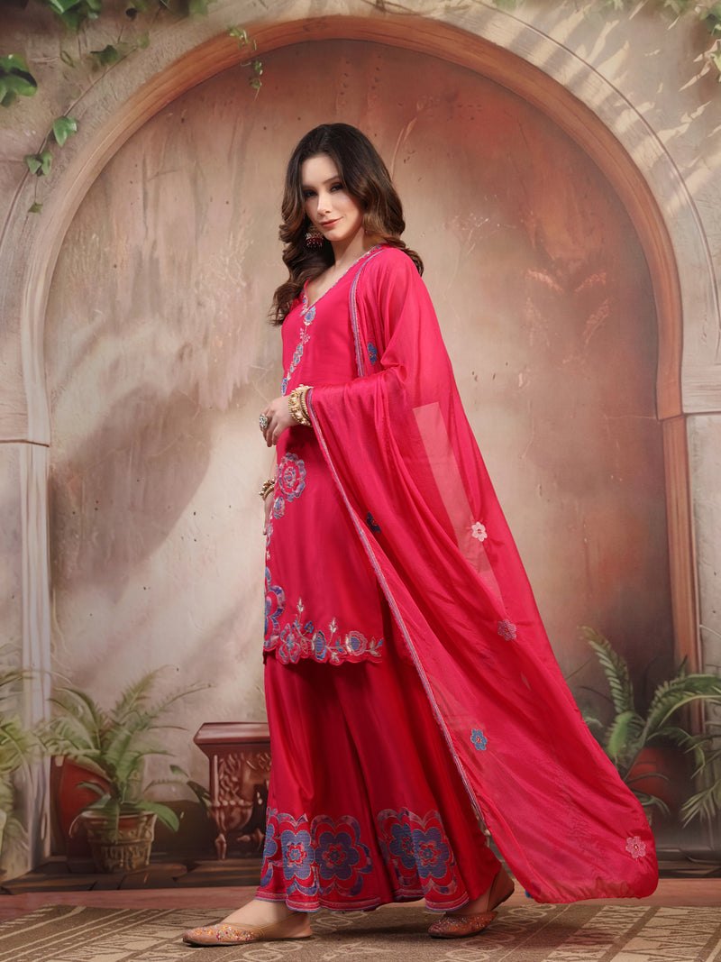 Women Pink Embroidered Kurta Sharara Set with Dupatta