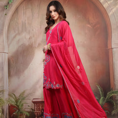 Women Pink Embroidered Kurta Sharara Set with Dupatta