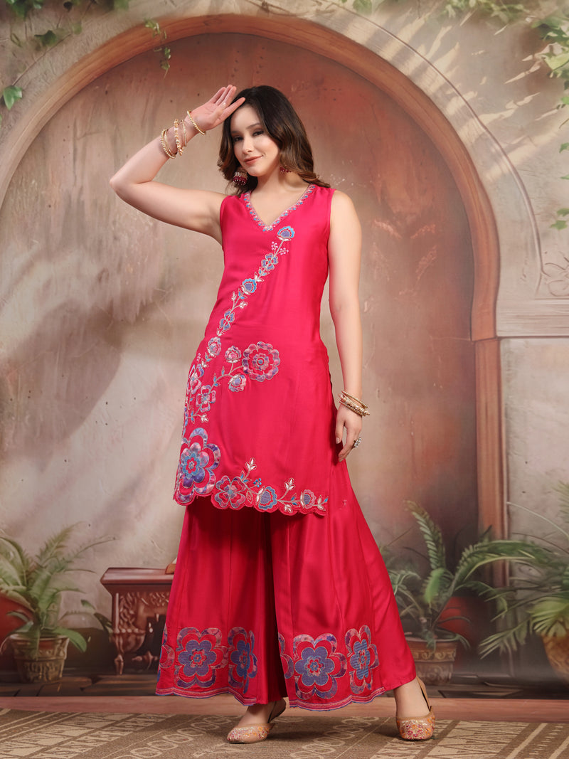 Women Pink Embroidered Kurta Sharara Set with Dupatta