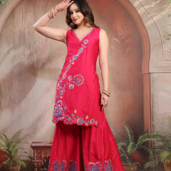 Women Pink Embroidered Kurta Sharara Set with Dupatta