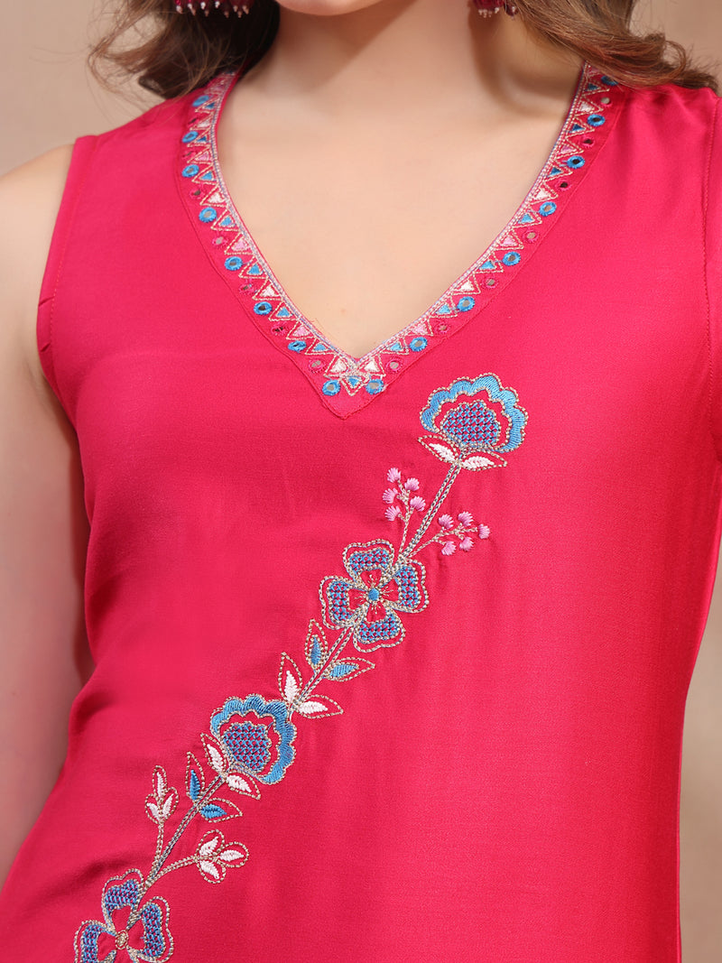 Women Pink Embroidered Kurta Sharara Set with Dupatta