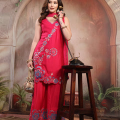 Women Pink Embroidered Kurta Sharara Set with Dupatta
