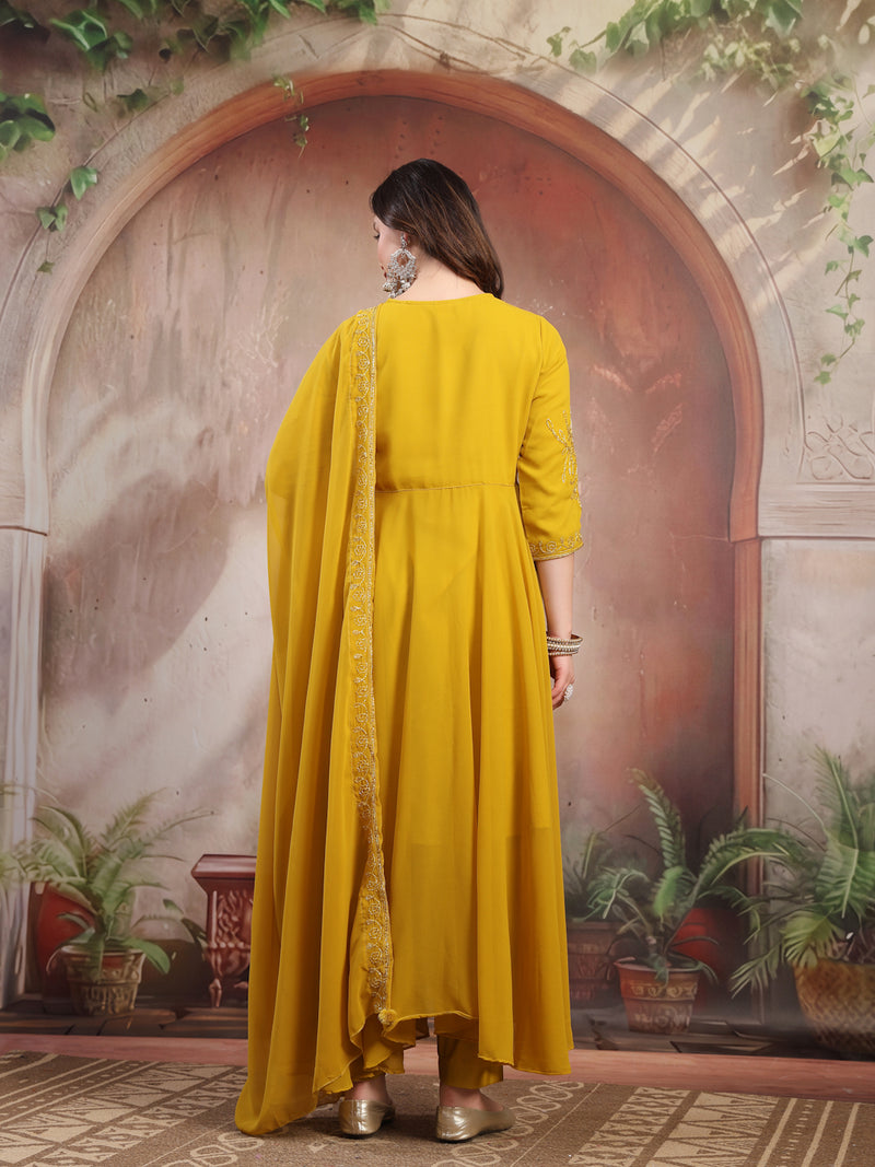 Women Mustard Embroidered Anarkali Set with Dupatta