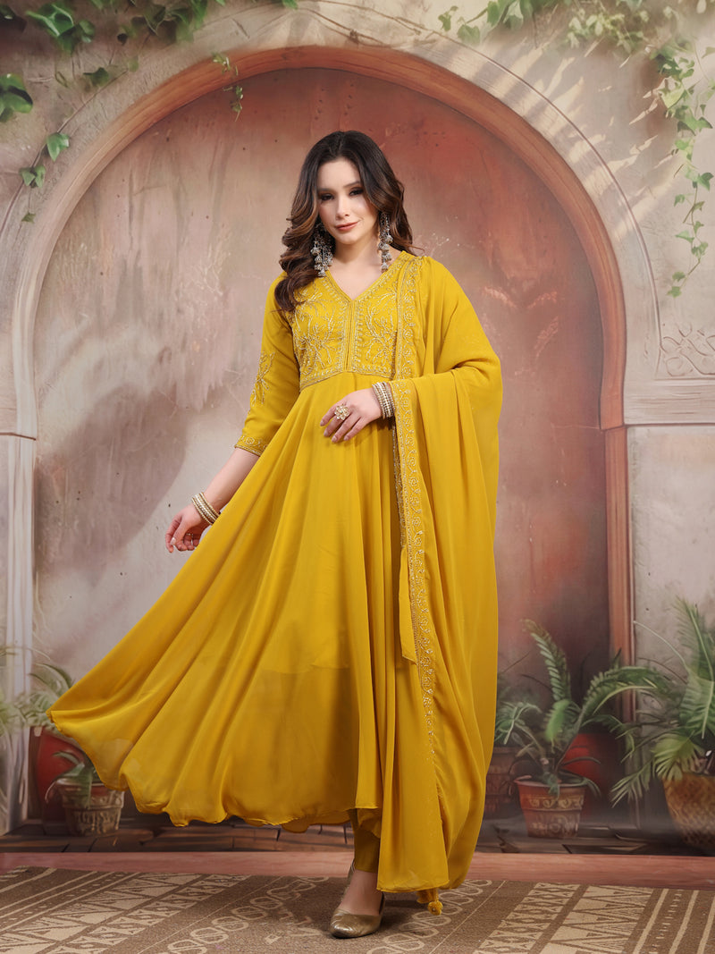 Women Mustard Embroidered Anarkali Set with Dupatta