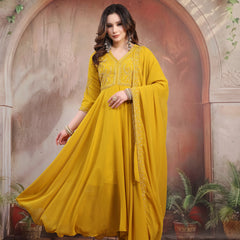 Women Mustard Embroidered Anarkali Set with Dupatta