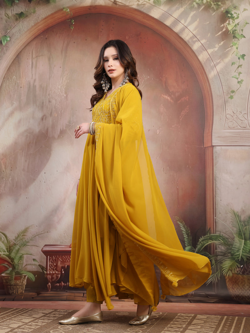 Women Mustard Embroidered Anarkali Set with Dupatta