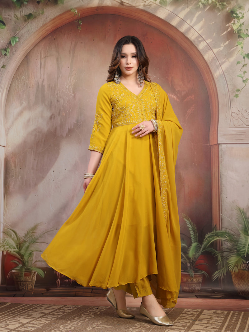 Women Mustard Embroidered Anarkali Set with Dupatta