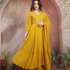 Women Mustard Embroidered Anarkali Set with Dupatta